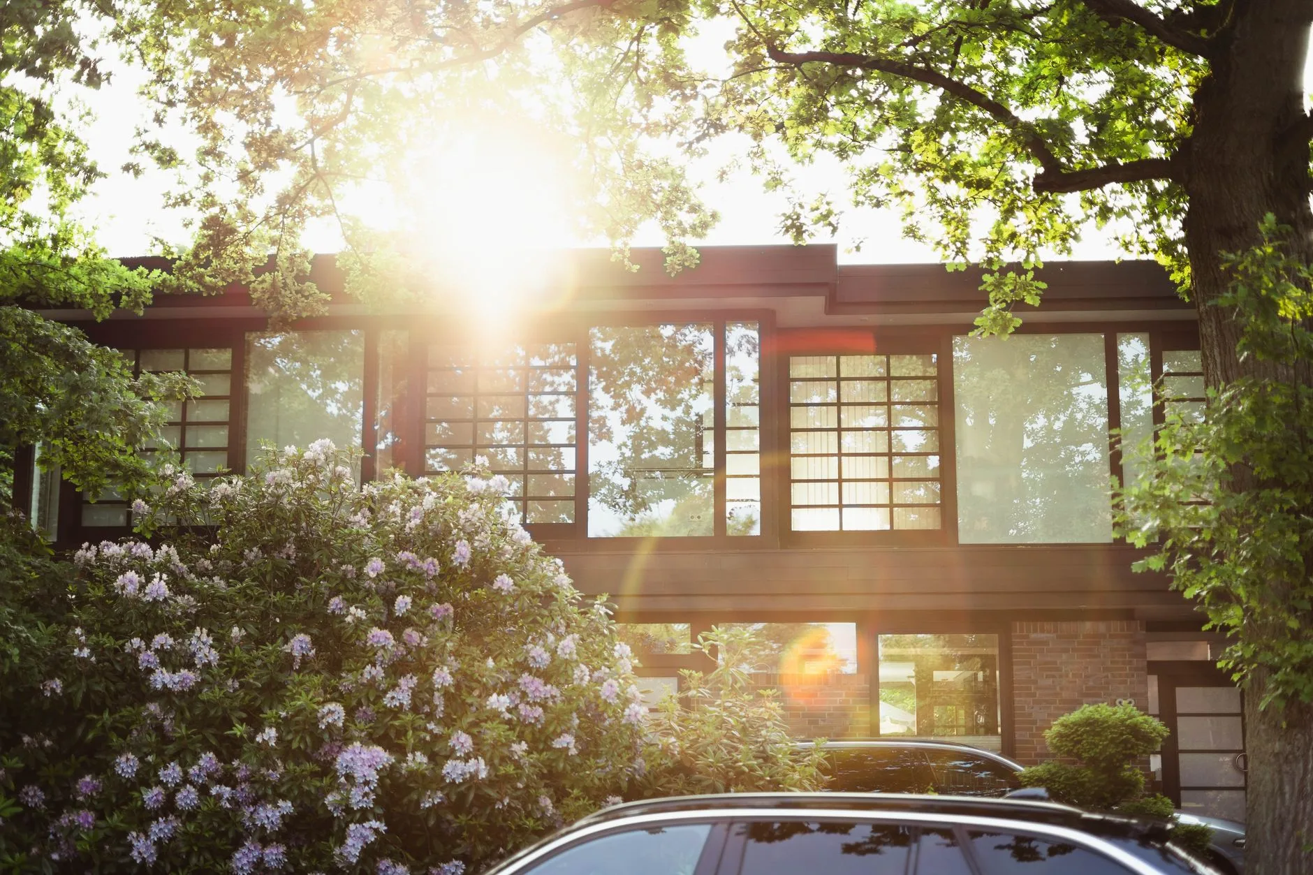 Façade très vitrée d'une maison baignée de soleil, principe de conception bioclimatique