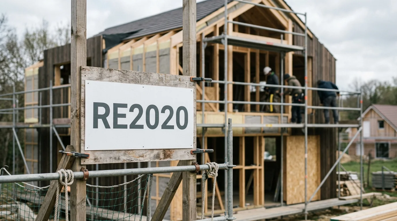 Panneau de chantier avec mention RE2020 sur fond de maison en construction
